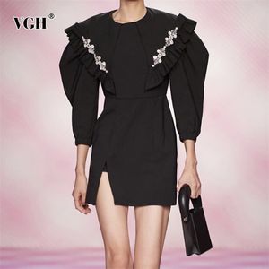 Black Patchwork Diamond Dress For Women O Neck Puff Long Sleeve High Waist Side Split Casual Mini Dresses Female Spring 210531