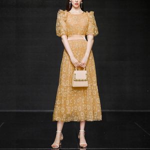 Estate Donna Luxury Puff Sleeve Mesh ricamo Elegante Big Swing Slim Party Abiti lunghi Ladies Vintage Dress Vestidos 210514