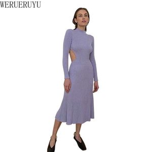 WERUERUYU Sexy rückenfreie gerippte gestrickte Midi-Kleider Club Party Langarmkleid Herbst Winter Streetwear Kleider 210608