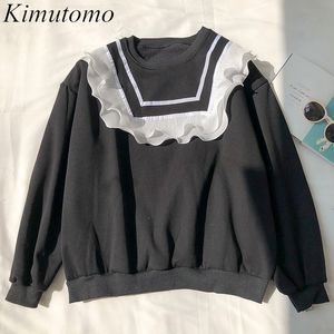 Kimutomo Süße Mädchen Rüschen Patchwork Oansatz Sweatshirts Weibliche Feste Dünne Fleece Langarm Pullover Korea Chic Mode 210521