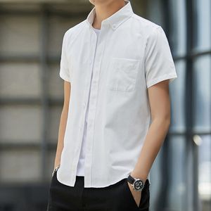 Vit Oxford Men Skjortor Sommar Kortärmad Casual Mens Button Down Shirt Fashion Camisas Slim Solid Pocket Chemise Homme 210524