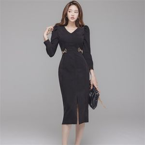 Schwarze enge Kleider Koreanische Damen Sexy Langarm V-Neck Party Formale Midi Für Frauen Kleidung 210602