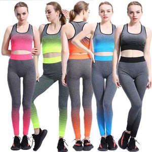 Kvinnor Yoga Set Fitnclothing Top Sports Crop Top Byxor Ombre Färgmönster Sportkläder Gym Storlek S-XL X0629