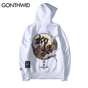 GONTHWID Embroidery Japanese Cranes Pullover Hoodies Men Winter Hip Hop Male Casual Hooded Sweatshirts Streetwear 210813