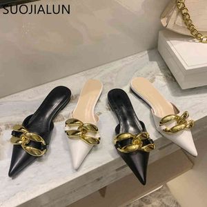 Suojialun 2021 Mulheres Flat Slipper Brand Metal Cadeia de Metal Slides Senhoras Pointed Toe Slip On Outside Casual Sandal Shoes Flip Flop C0407