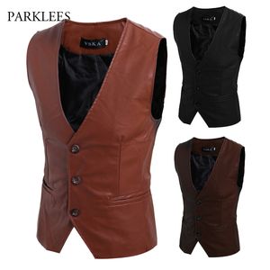 Pu couro de couro traje coletes finos de negócios casuais masculinos cavalheiros groomman wedding mass gilet de grandes dimensões colete vintage 210524