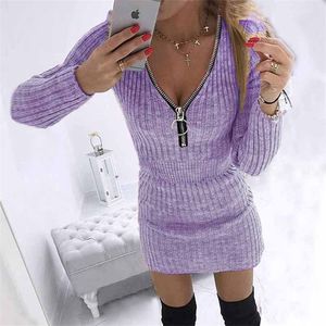 Autumn Winter Zipper V Neck Party Dres Casual Solid Fashion Sexig elegant långärmad Vintage Bodycon Pencil Mini Dresses 220215