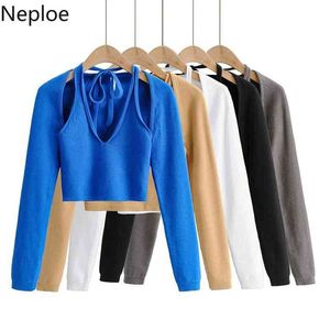 Neploe mulheres de malha dois pedaços conjuntos de laço-up colete sem costura longa camisola cardigan casaco moda sexy short terns feminino 210422