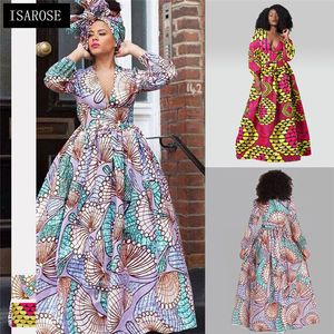 ISAROSE Dame Dashiki Maxi Kleider Frühling Herbst Tiefe V Afrikanische Bazin Ankara Kleid Plus Größe Afrika Print Sexy Frauen Party tragen 210422