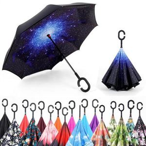 Folding Reverse Umbrella 52 Styles Double Layer Inverted Long Windproof Rain Car C-Hook Handle Umbrellas DH8966