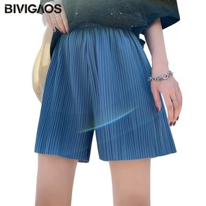 Bivigaos sommar hög midja shorts kvinnors lösa breda ben sagging avslappnad pleat chiffong lungewear byxor 210724