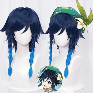 Genshin Impact Venti Cosplay Unisex 50cm Blue Wig Cosplay Anime Cosplay Braid Wigs Heat Resistant Synthetic Wigs+Wig Cap Y0903