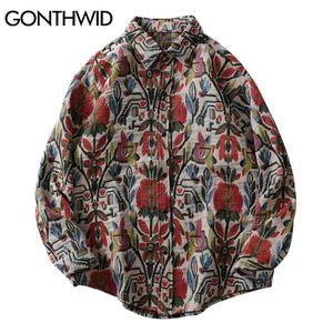 Gonthwid Güneybatı Aztek Tribal Hint Düğme Gömlek Streetwear Hip Hop Rahat Çiçekler Desenli Uzun Kollu Gömlek Montları 210410 Tops