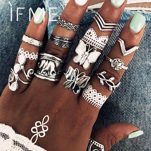 Cluster Rings IF ME Bohemian Butterfly Flower Set per le donne Colore argento Geometic Vintage Elephant Leaf Finger Knuckle Ring Jewelry Gift