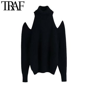 TRAF Women Fashion Hollow Out Shoulders Knitted Sweater Vintage High Neck Long Sleeve Female Pullovers Chic Tops 210415