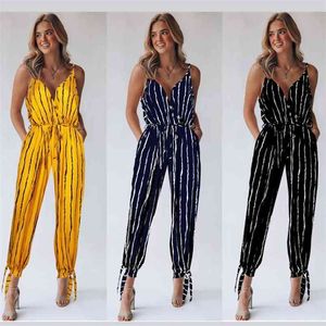 Summer Sexy V-Neck Straps Striped Print Jumpsuit Female Casual Sleeveless Pockets Rompers Overalls For Women Playsuits 210517