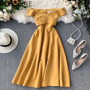 Evening Party Dress Solid Off Shoulder Elegant A-line Spring Summer Woman Dresses Korean Vestidos Retro 19511 210415