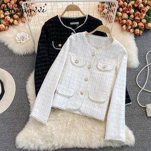 Damenjacken 2021 Herbst Damen Koreanischer Stil Perlen Einfarbig Tweed Kurzmantel Mode Einfach Lässig All-Matching Anzugjacke