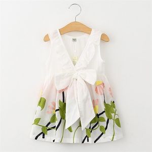 Sommarflickor Klänning Koreansk Fresh Big Bow V-Neck Broderade Läckage Söt Barnens Barnbarn Tjejer Kläder 210625