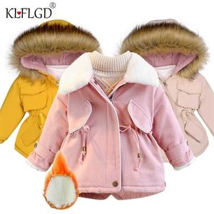 키즈 소녀 재킷 큰 모피 따뜻한 유아 어린이 겨울 면화 패딩 된 옷 소녀 두꺼운 후드 코트 211027