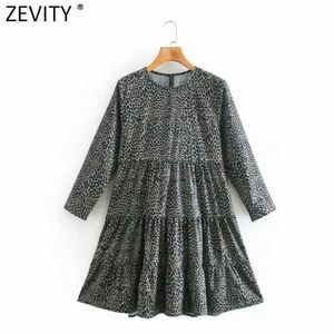 Zevity Women Vintage O Neck LeopardプリントプリーツカジュアルミニドレスFemmeレトロ3四半期スリーブシックvestido DS4887 210603