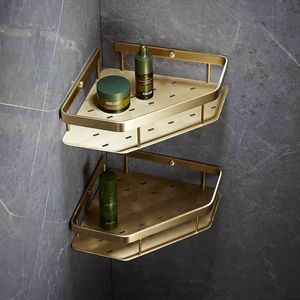 浴室の棚の棚の金色の固体真鍮のシャワーコーナーの棚壁マウントシャンプー収納ラックバスケットホルダーWF llu