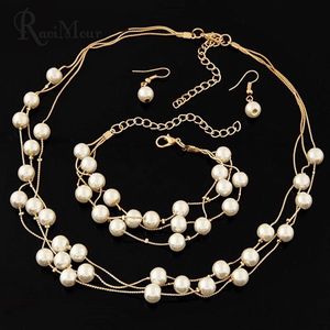 Boucles d oreilles collier imitation perle bijoux ensembles d or et bracelet pour femmes mariage coréen
