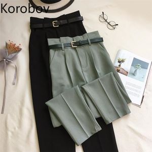 KOBOV Cintura Alta Cintura Preto Pants Calças Estilo de Trabalho Senhora Senhora Casual Calça Sólida Primavera Verão Novo Pantalones 210430