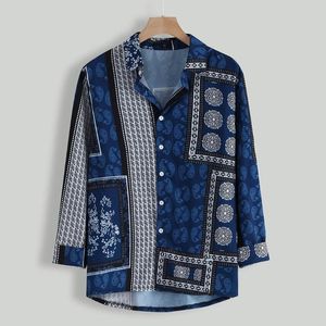 Men Fashion Button Up Retro Shirts Mens Vintage Ethnic Style Printing Loose Long Sleeve Turn Down-Collar Top Shirt Men's Casual