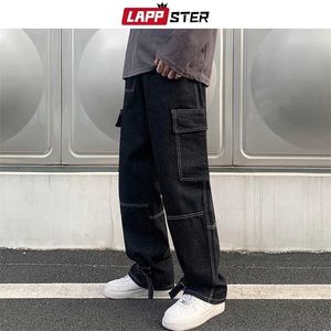 Lappster Homens Wid Leg Baggy Harajuku Calças Calças Mens Japonês Streetwear Vintage Denim Calças Homem Preto Jeans Jogadores 5xL 211206