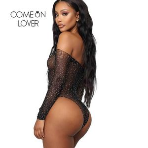 Comeonlover Body a rete con diamanti Body sexy Clubwear con spalle scoperte Body a maniche lunghe High Street RE80877 Y0927