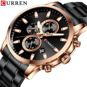 Curren Classic Sporty Black Watch For Men Chronograph Stainless Steel Quartz Klockor Man Armbandsur Lysande Händer Reloj Hombre Q0524