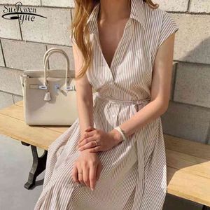 Summer Plus Size Long Shirt Dress Casual Sleeveless Blue Striped Dresses for Women Loose Lace Up Robe Femme 10389 210427