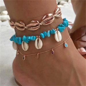 5Sets/Lot grossistskiktade guldskal hängande kedja ankelarmband på benen smycken boho charm ankletter för kvinnliga tillbehör