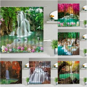 Waterfall Landscape Flower Birds Shower Curtains Summer Natural Scenery Waterproof Curtain Home Bathroom Decor Polyester Cloth 211116