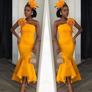 Yellow Hot African One Shoulder Hi Lo Mermaid Cocktail Dresses Flower Ruffles Short Ankle Length Dress Formal Party Wear