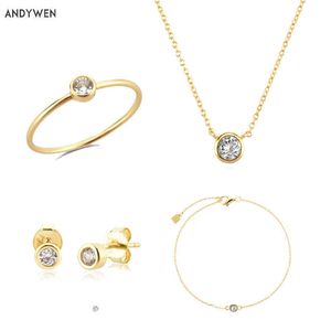 Andywen 925 Sterling Silver Gold One Round Zircon Cz Charm Stud Earring Ring Bracelet Necklace Jewelry Set 2022 Wedding Gift