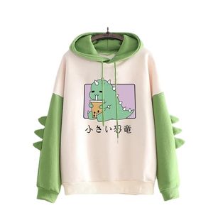 Dinossauro Hoodie Moda Splice Imprimir Suéter Tops Casual Manga Longa Kawaii Roupas Ropa Mujer 210809