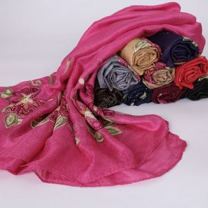 여성 자수 꽃 스카프 반짝이 실크 린넨 스카프 이슬람 히 자브 랩 머리띠 스카프 / Shawls Pashmina 180 * 85cm