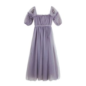 Violet Slash Neck Short Sleeve Maxi Dress Summer Elegant A-line Solid Puff Mesh D1862 210514