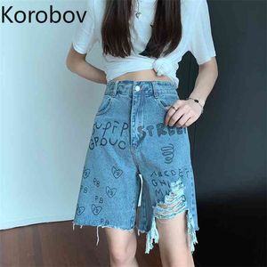 Korobov Women Streetwear 와이드 레그 반바지 한국어 하라주쿠 Ulzzang 인쇄 여성 짧은 바지 여름 구멍 술 반바지 210430