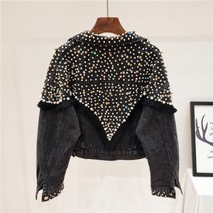 여성 자켓 가을 패션 무거운 작업 구슬 워시 데님 자켓 여성 느슨한 짧은 코트 박힌 블랙 청바지 Streetwear
