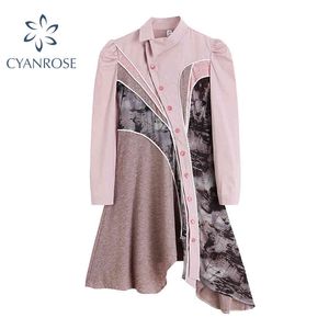 Pink Cropped Spliced Fashion Dress Women Spring Long Sleeve Crop Dresses Irregular Lapel ButtonsHem Fluffy Frocks Female 210417