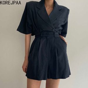 Korejpaa Women Sets Summer Ladies Korean Retro Lapel Loose Tie Short-Sleeved Suit Jacket High Waist Casual Wide-Leg Shorts 210526