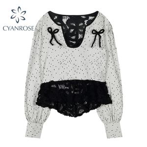 Нерегулярные лоскутные кружевные блузки или топы Dot Print Ruched Bownot дизайн Урожай шикарные рубашки женские женские элегантные уличные одежды Ins Blusas 210515