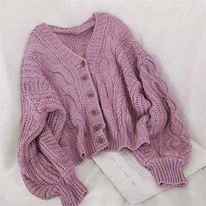Höst Vinter Kvinnors Cardigan Koreansk stil Retro Solid Färg V-Hals Strikkad Loose Short Twist Sweater Coats LL503 210914