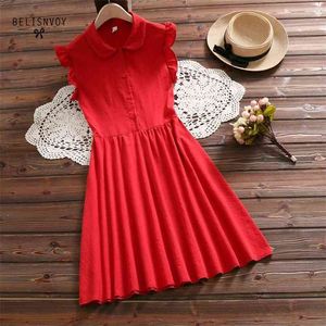 Mori Girl Preppy Style Women Mini Dress Turn-down Collar Red Loose Short Cotton Linen Cute Kawaii Vintage Vestidos 210520