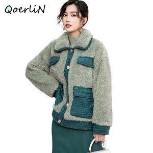 Имитация ягненка пальто ретро зеленый однобортный сшитый шерстяной шерстяной пальто женской поворотной меховой шерсти зимняя куртка плюс размер 210601