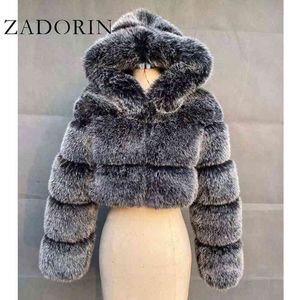 ZADORIN High Quality Furry Cropped Faux Coats and Jackets Women Fluffy Top Coat with Hooded Winter Jacket manteau femme