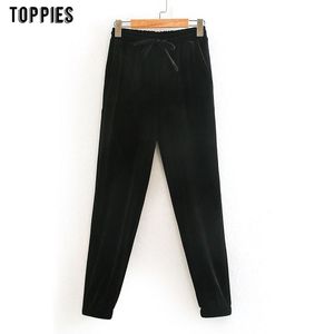 Toppies Mulher Sweatpants Vintage Preto Veludo Lápis Calças Elásticas Cintura alta Casual Streetwear 210412